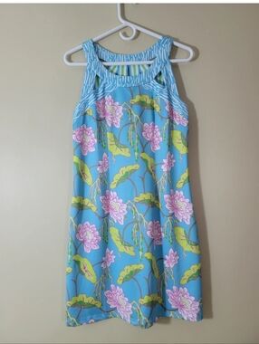 Gretchen Scott aqua Dress sz MEDIUM Mystic Garden blue Lotus Water Flower Print